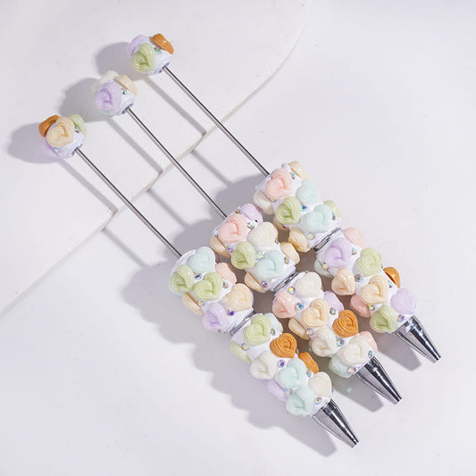 Cream Cookie Texture Heart Design & AB Rhinestone Beadable Clay Pen