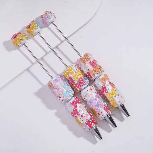 Cute Design White Polka Dot Bowtie Clay Beadable Pen with AB Rhinestones
