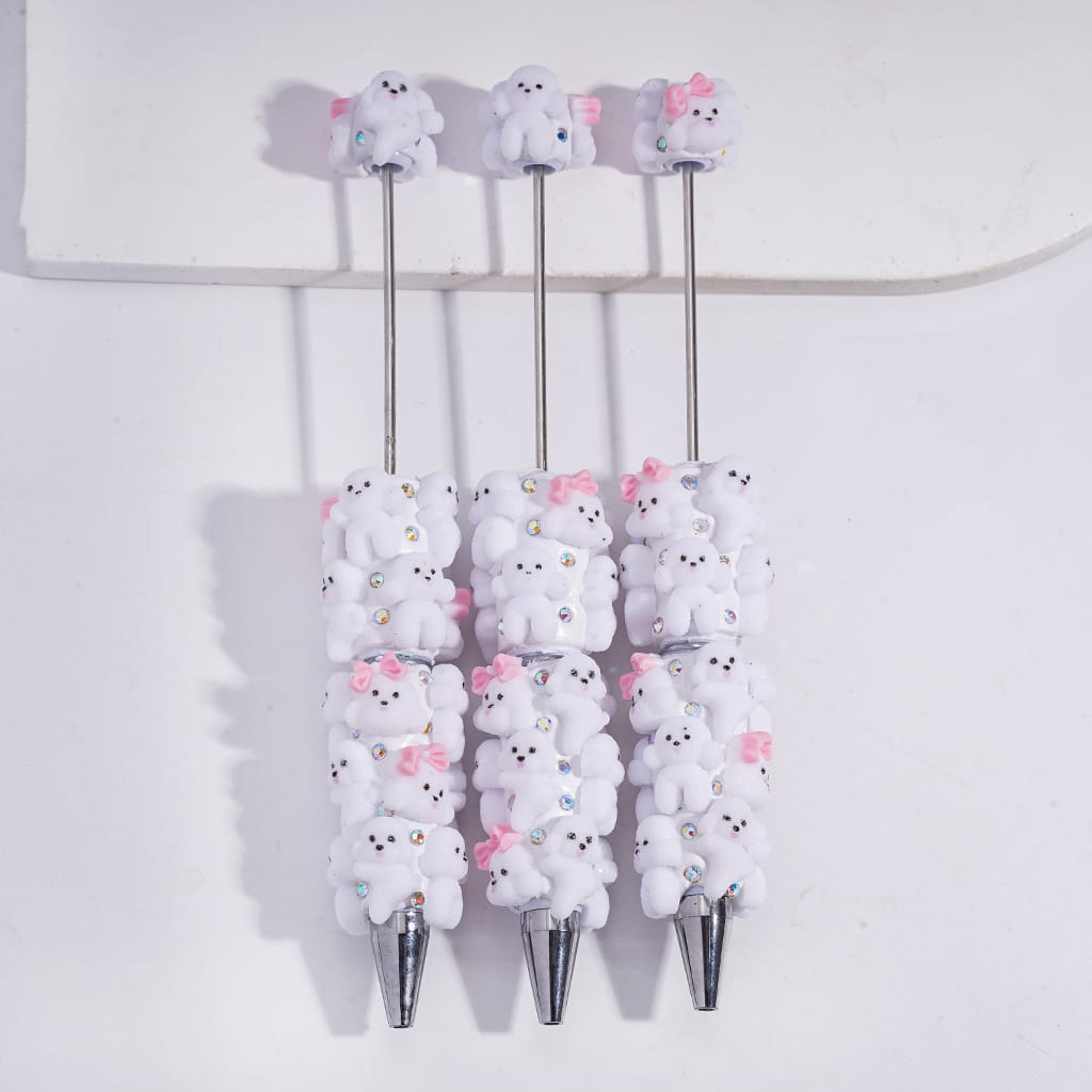 Cute Puppy Dog with Pink Bowtie Clay Beadable Pen with AB Rhinestones & White Pearl Charm Design