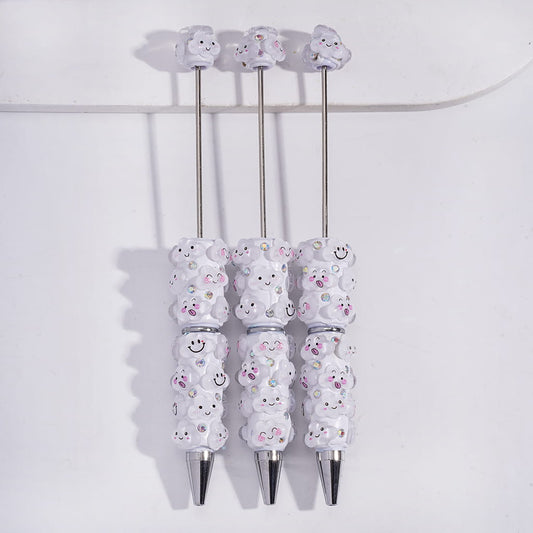 Cute Smiling Face White Clouds Design & AB Rhinestone Beadable Clay Pen
