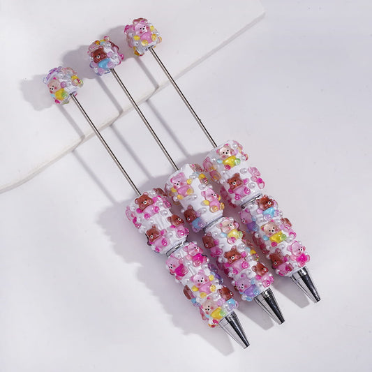 Cute Shiny White Bear Design & Pearl Gloss Finish Beadable Clay Pen