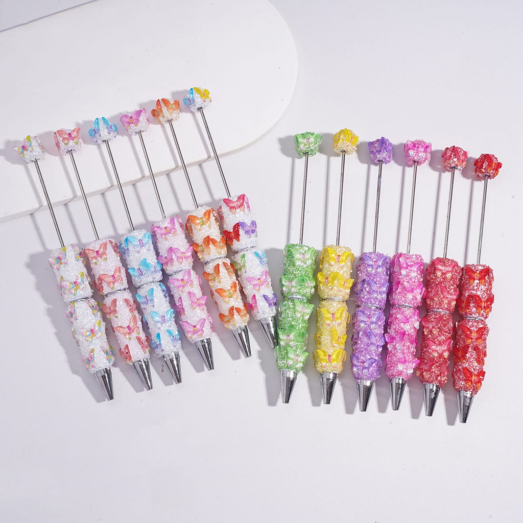 Dreamy Butterfly Sugar Clay Beadable Pens with Sparkling Broken Rhinestones, Fully Covered Multicolor Random Mix