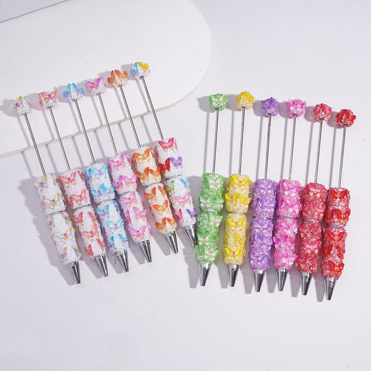 Dreamy Butterfly Sugar Clay Beadable Pens with Sparkling Broken Rhinestones, Fully Covered Multicolor Random Mix