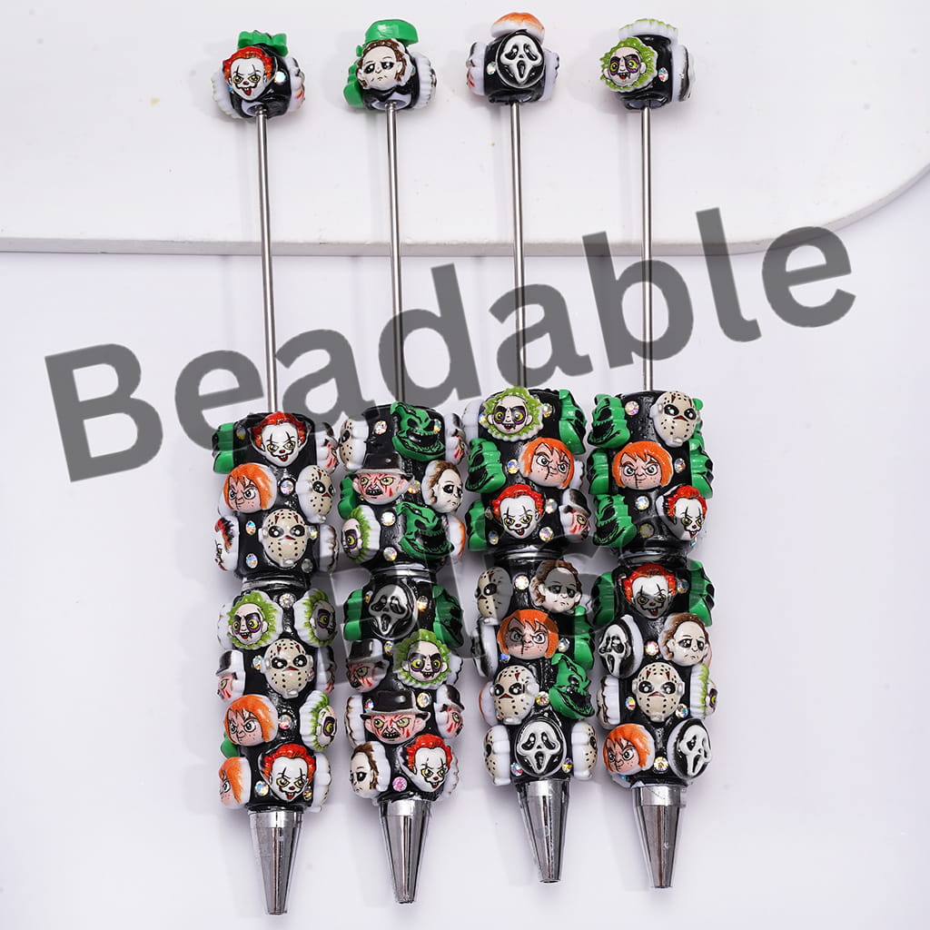 Beadable Clay Pens with AB Rhinestones and Spooky Character Series Halloween Theme on Black Body