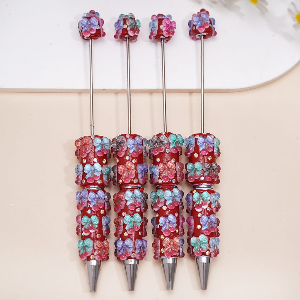 Beadable Clay Pens with Glittery Bowtie Cherry and AB Rhinestones