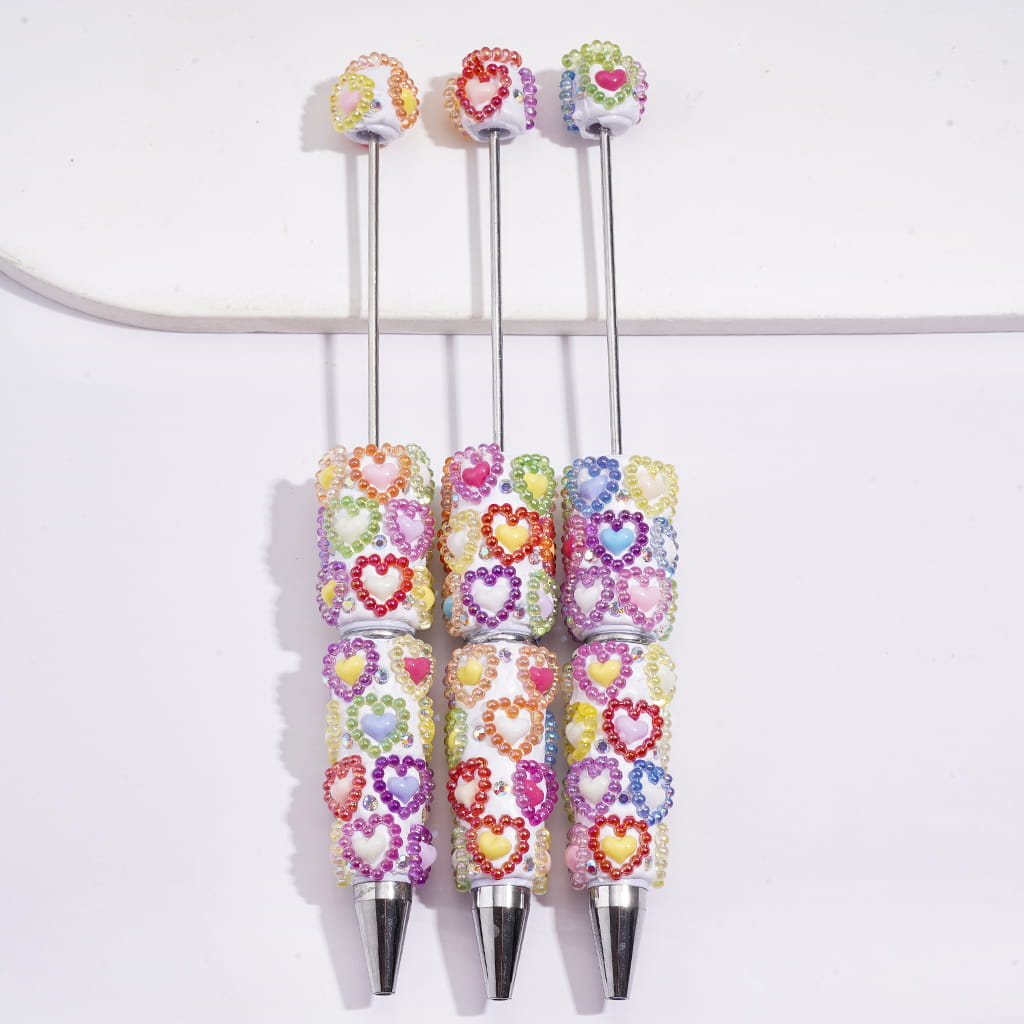 Beadable Clay Pens with Hollow Heart-Shaped Pearl Spacers in UV Coating, Solid Hearts and AB Rhinestones