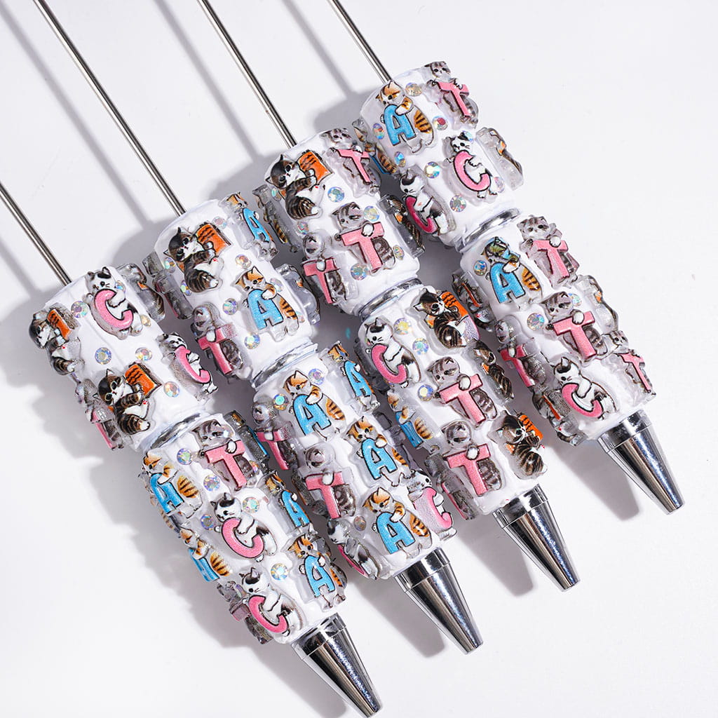 Little Playful Cats & Stylized Alphabet Letter Design with Sparkling AB Rhinestones Beadable Clay Pen