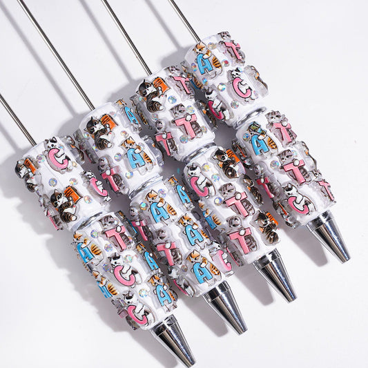 Little Playful Cats & Stylized Alphabet Letter Design with Sparkling AB Rhinestones Beadable Clay Pen