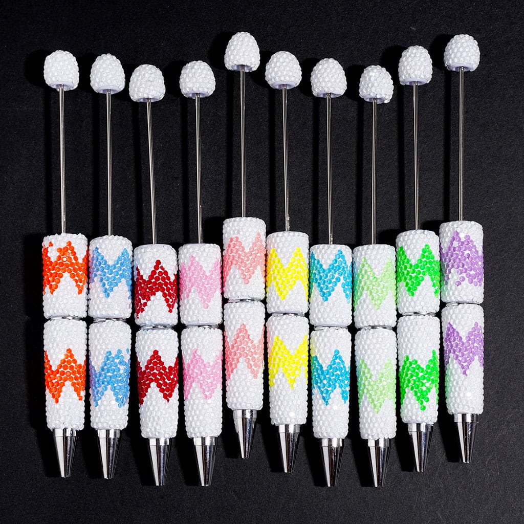 Rhinestones in Horizontal Wavy Shape Beadable Clay Pen, White Background, Various Colors Random Mix