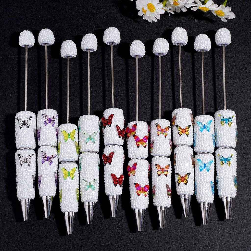 Butterfly Rhinestone Beadable Clay Pen White Background, Various Colors Random Mix