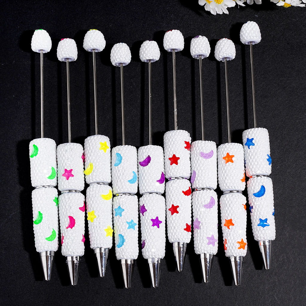 Moon and Star Beadable Clay Pen Fluorescent Colors White Background, Various Colors Random Mix