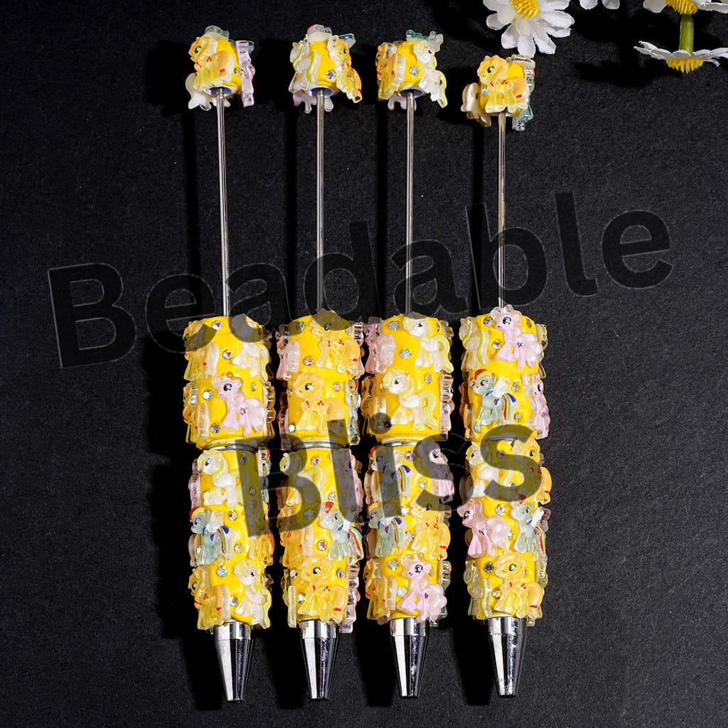 Unicorn Little Horse Character Series and AB Rhinestones Beadable Clay Pens, Yellow Pen Base