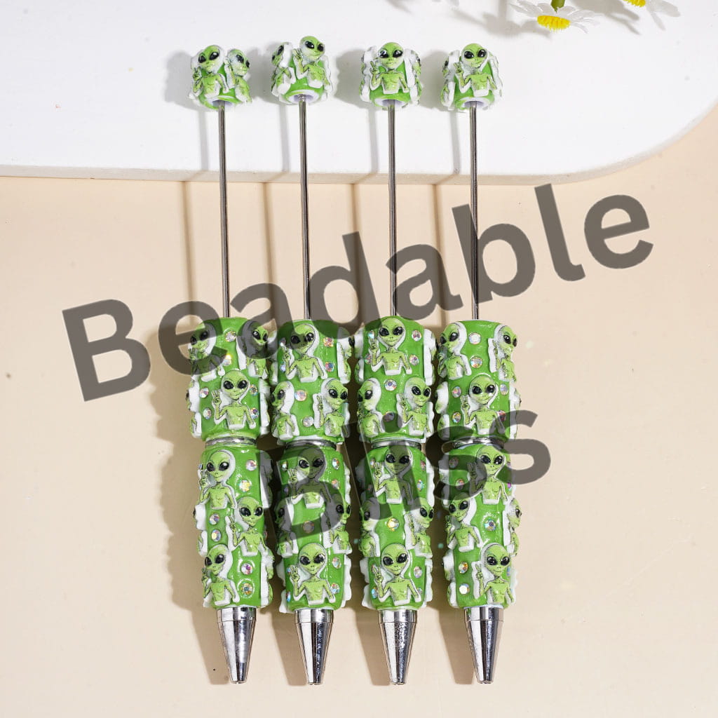 Beadable Clay Pens with Green Alien Making Funny Gesture and AB Rhinestones