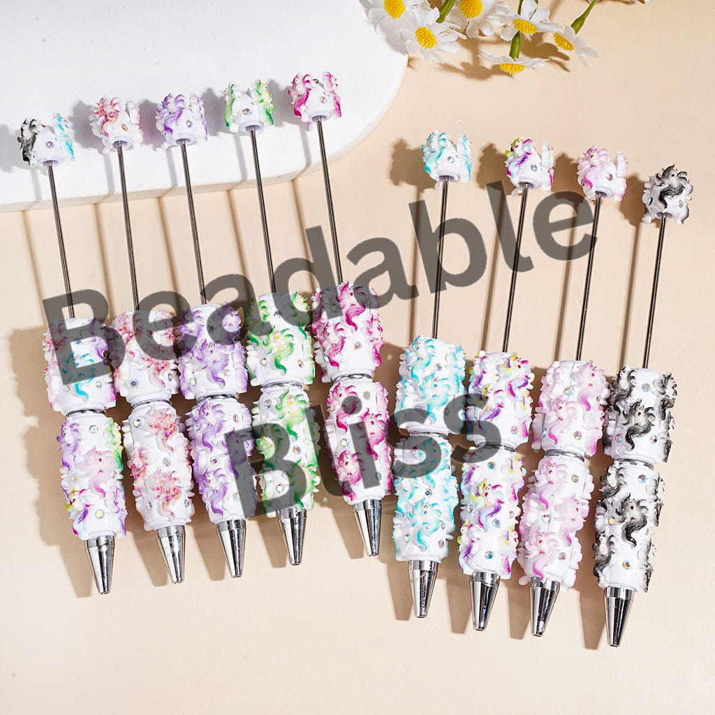 Beadable Clay Pens with Nine-Tailed Fox and AB Rhinestones, Multi-Color, Random Mix
