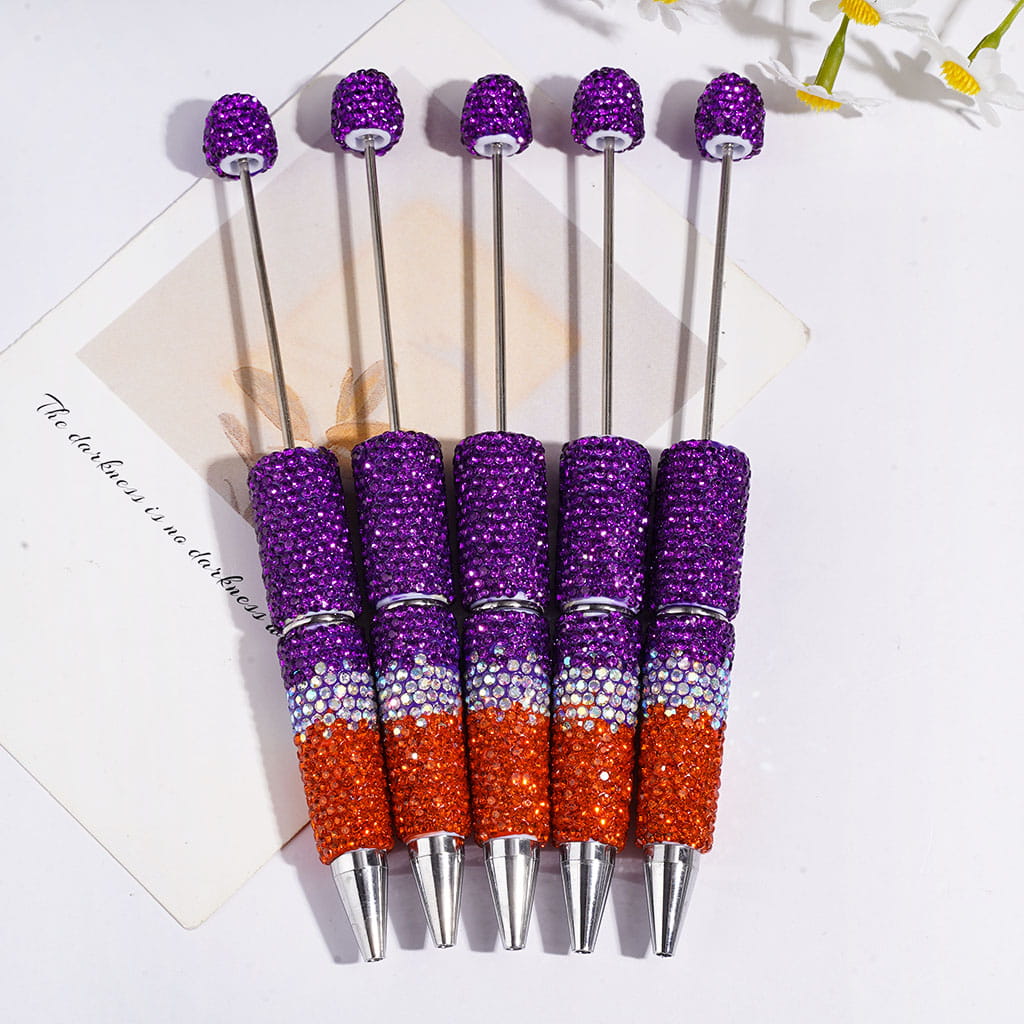 Beadable Clay Pens with Purple & AB & Orange Rhinestones in Three Layer Covered the Entire Pens