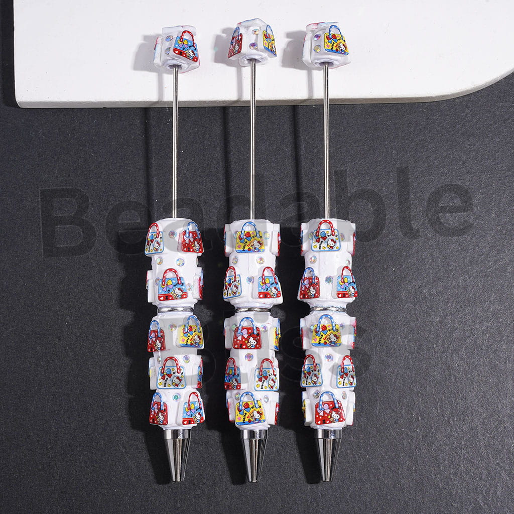 Cute Cat Character Printed Handbag Series and AB Rhinestones Beadable Clay Pens