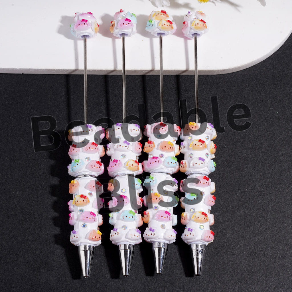 Beadable Clay Pens Dumpling Shape Cute Cat Character with Bowtie and AB Rhinestones, Multi-Color