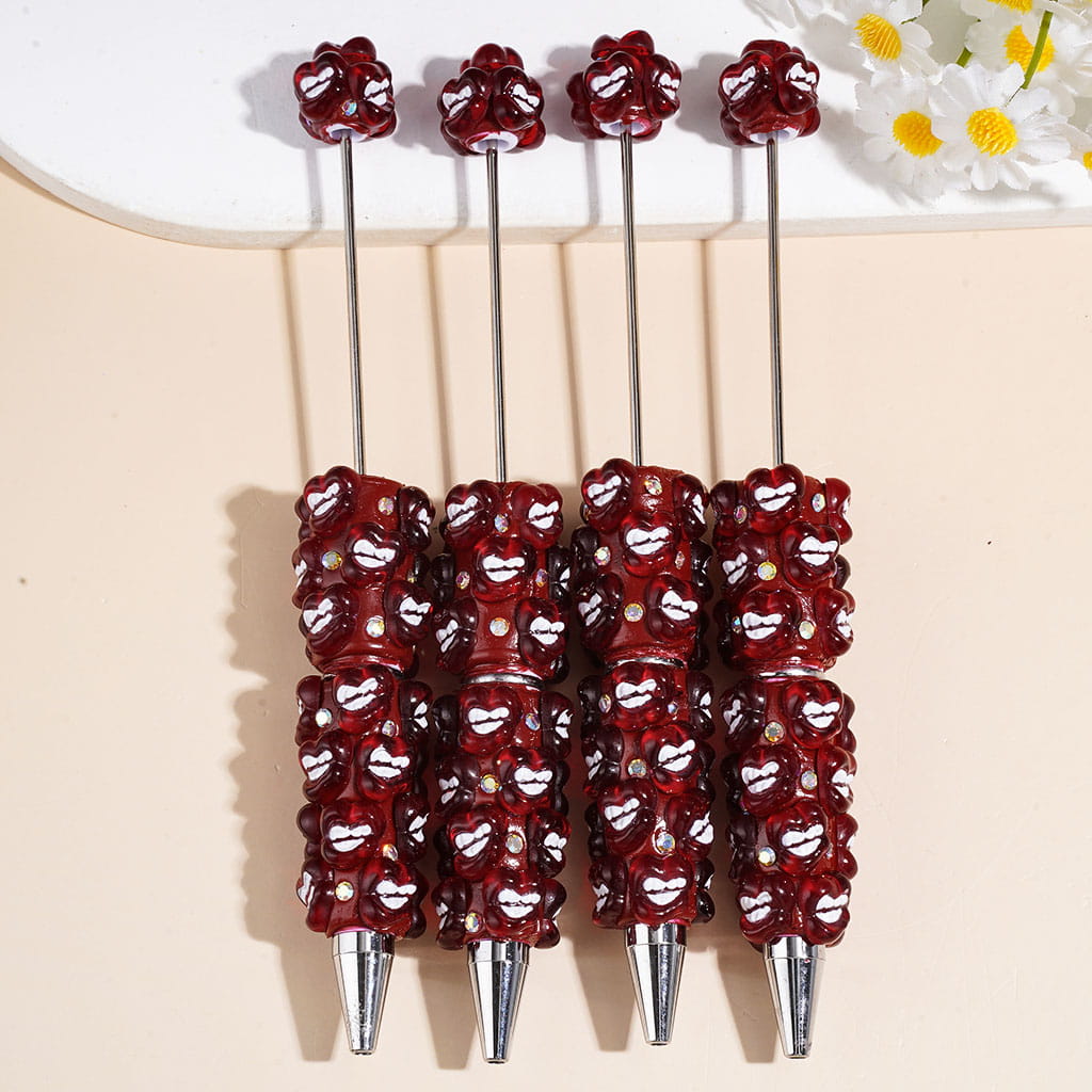 Beadable Clay Pens with Red Lip and AB Rhinestones on Red Background