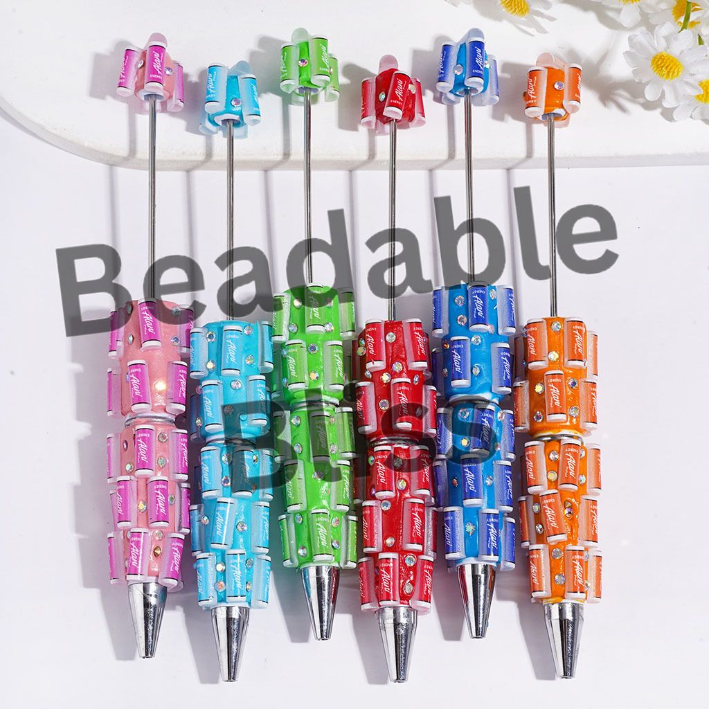 Beadable Clay Pens with Canned Functional Beverage and AB Rhinestones, Multi-Color, Random Mix