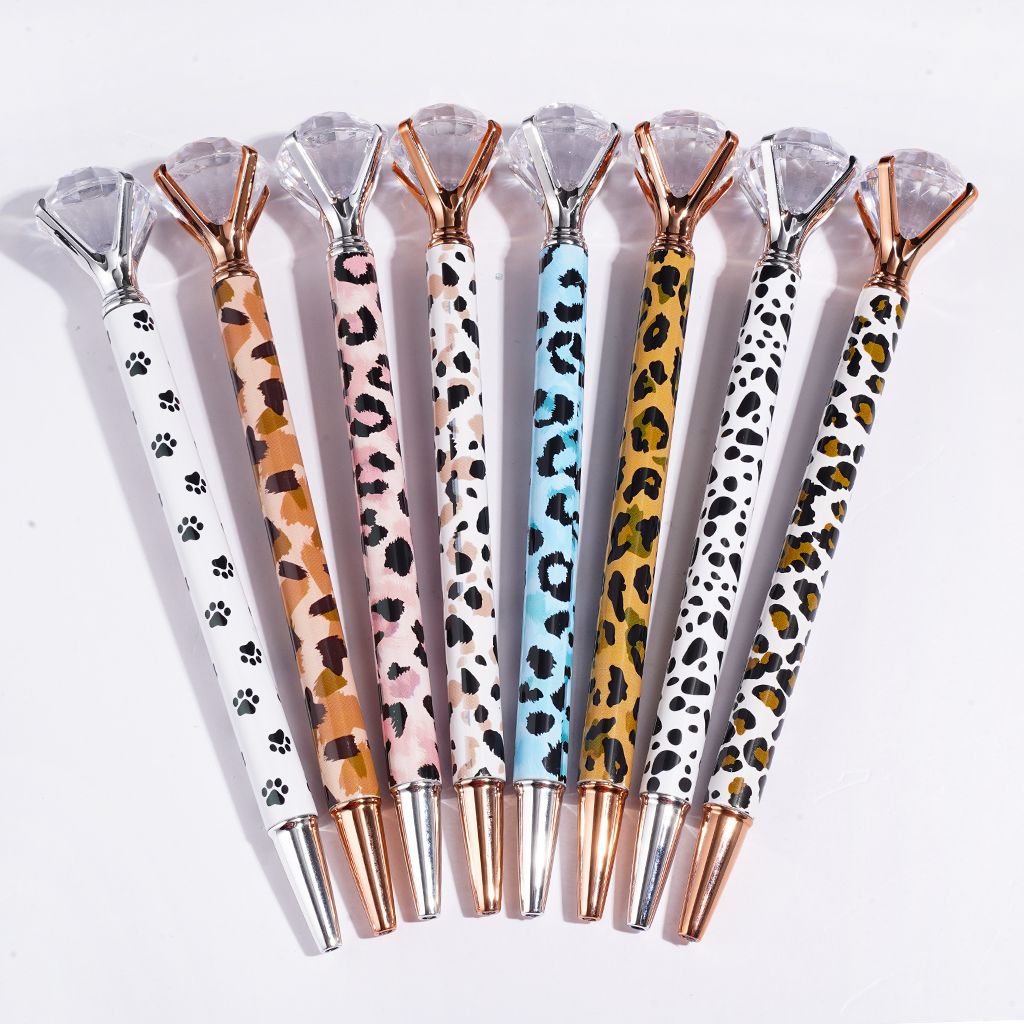 Clear Diamond Topped Beadable Pens, Leopard Dog Paw Spotted Camouflage Patterns, Silver and Rose Gold, Random Mix