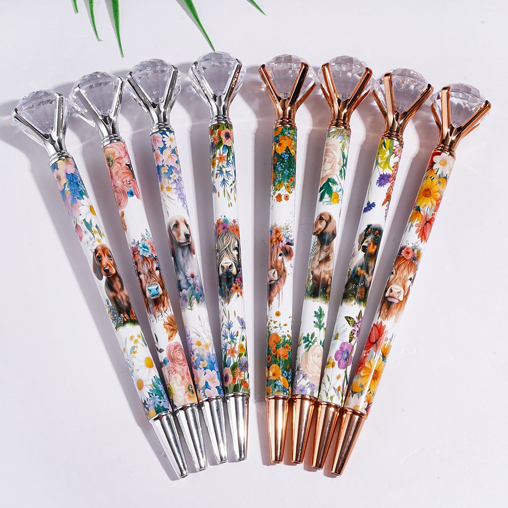Clear Large Diamond Topped Beadable Pens with Highland Cattle Dog Flower Prints, Silver and Rose Gold, Random Mix
