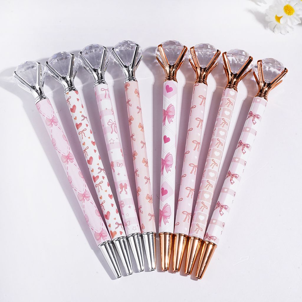 Clear Large Diamond Topped Beadable Pens with Pink Bowtie Prints, Silver and Rose Gold, Random Mix