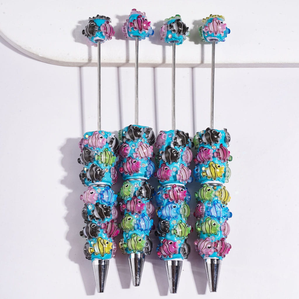 Whimsical Ugly Fish Character with Glitter Finish & AB Rhinestone Sparkle, Semi-Clear Beadable Clay Pens, Assorted Colors