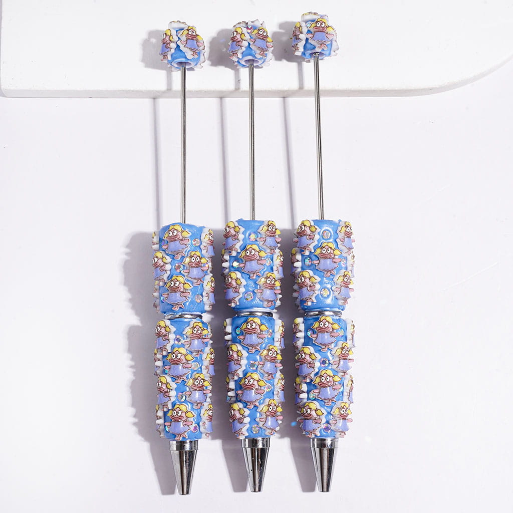 Cute Girl in Blue Dress with Sausage-Shaped Lips & Sparkling AB Rhinestones Beadable Clay Pen