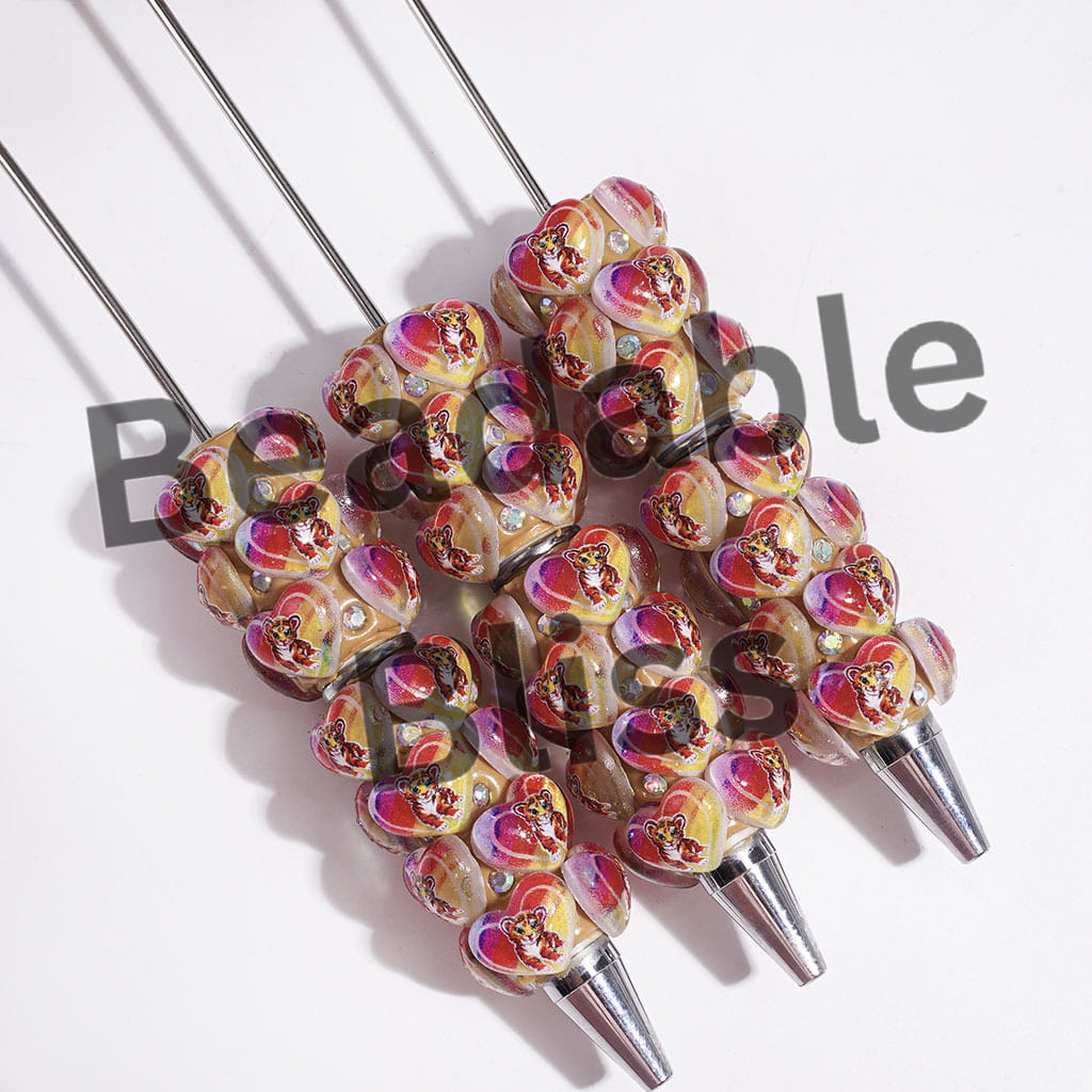 AB Rhinestones and Rainbow Colored Heart with Cute Tiger Patterns Beadable Clay Pens