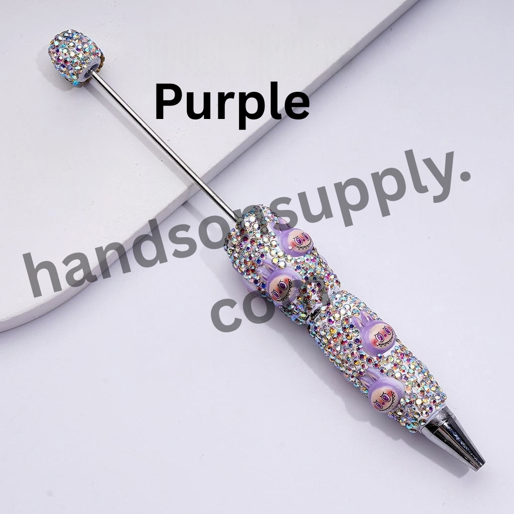 Designer White Beadable Clay Pens with Cute Monster Doll Heads and Full AB Rhinestone Coverage