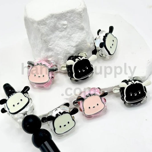 Delicate Chic Pochacc Head in Black Shiny White & Pink with Rhinestones Oval Pearls Clay Beads, Around 26*20MM