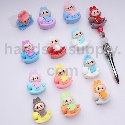 Fluffy Labubu Pom Pom Maru on Carousel Horse Flocked Pen Toppers 44*34MM, Random Mix (Half-Through Hole)