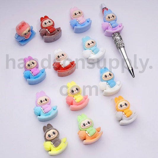 Fluffy Labubu Pom Pom Maru on Carousel Horse Flocked Acrylic Beads 44*34MM, Random Mix (All Through Hole)