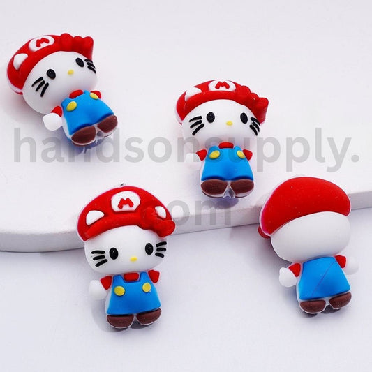 Cute HK-Inspired Kitten Wearing Super Mari Style Red Hat 3D Silicone Focal Beads