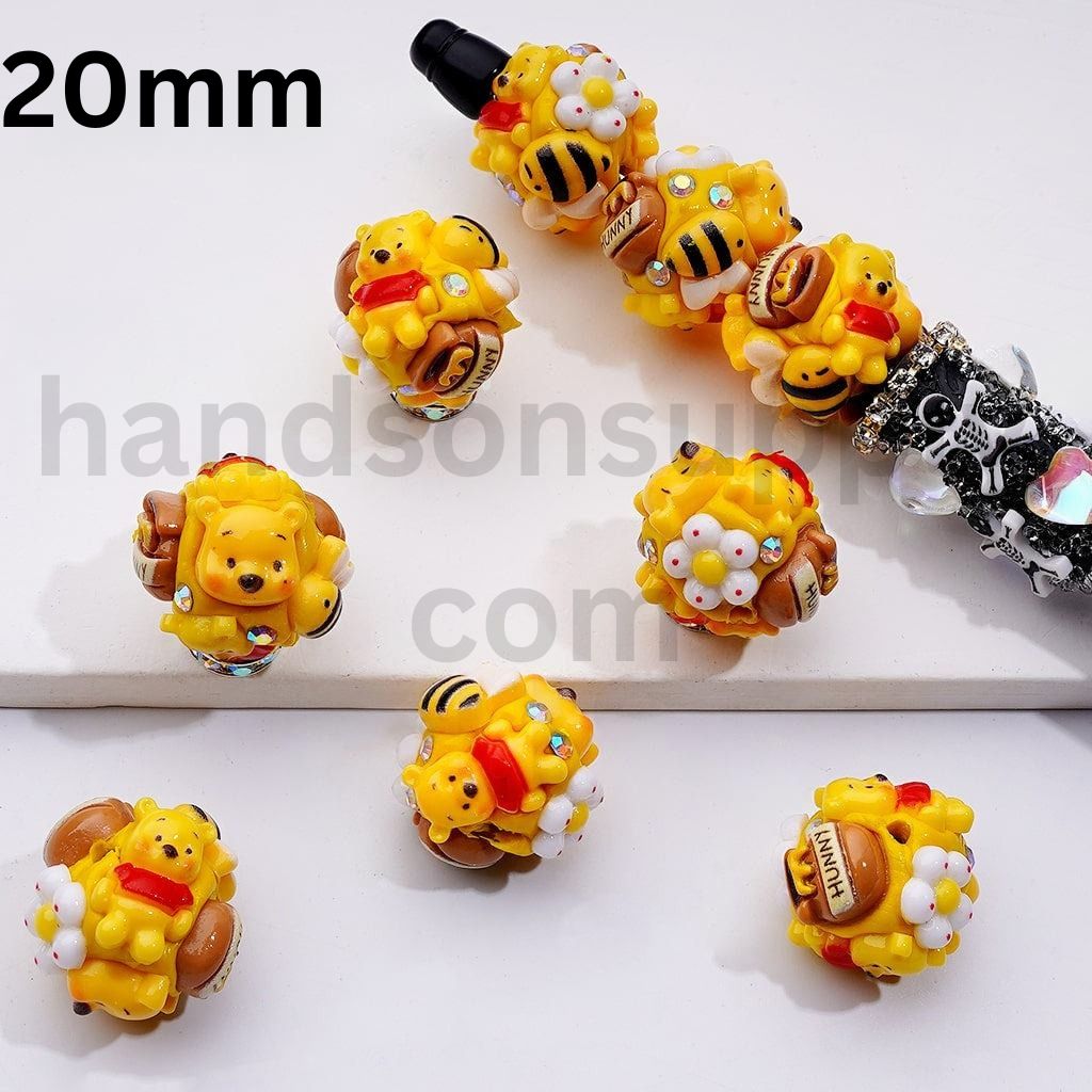 Yellow Cute Winni the Poo Bee Hunny Pot Small Flower AB Rhinestones, Clay Beads 20MM