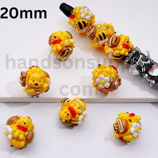Yellow Cute Winni the Poo Bee Hunny Pot Small Flower AB Rhinestones, Clay Beads 20MM