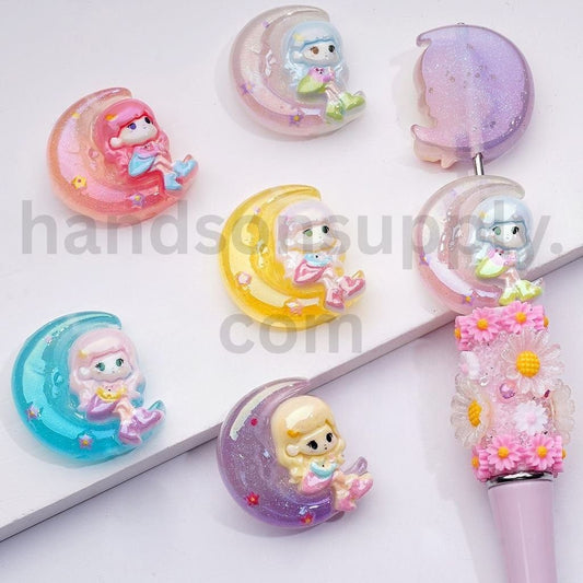 Cute Girl Sitting on Glitter Crescent Moon Acrylic Beads Around 25*21MM, Random Mix