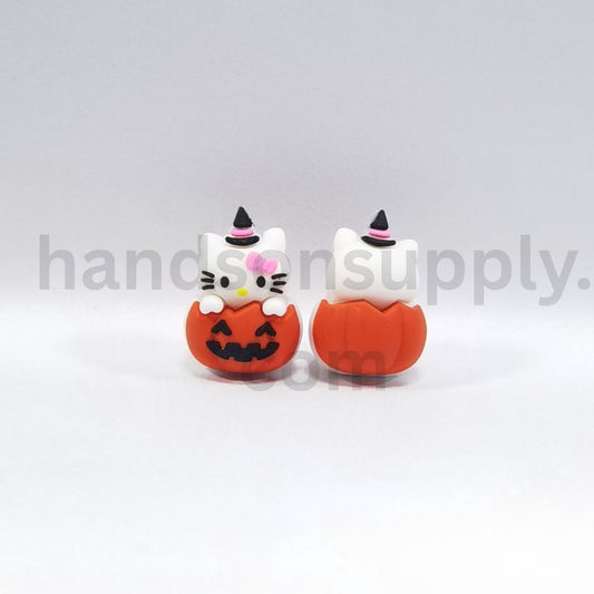 Cute HK Kitten in Ghost 3D Pumpkin with Magic Hat Halloween Design Silicone Focal Beads