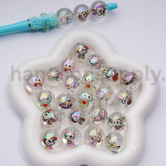 Glossy Large Clear Round with Labub Monster Design 20MM, Random Mix Acrylic Beads