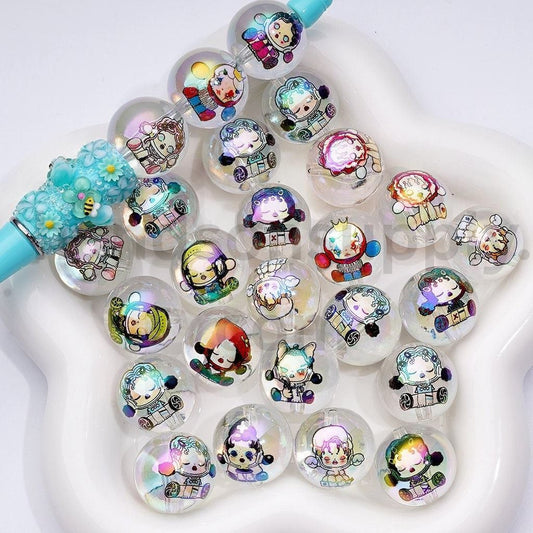 Glossy Large Clear Round with Moll Monster Doll Girl Design Round Acrylic Beads, 20MM, Random Mix