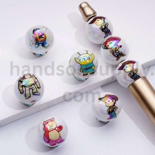 Toy Adventure Cartoon Series White Round Design Glossy Acrylic Beads16MM, Random Mix