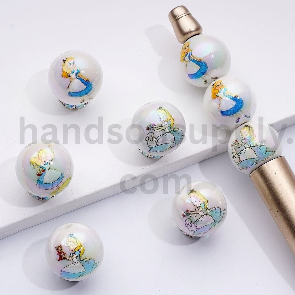 Glossy Alice in Wonderland Round Design Acrylic Beads 16MM, Random Mix