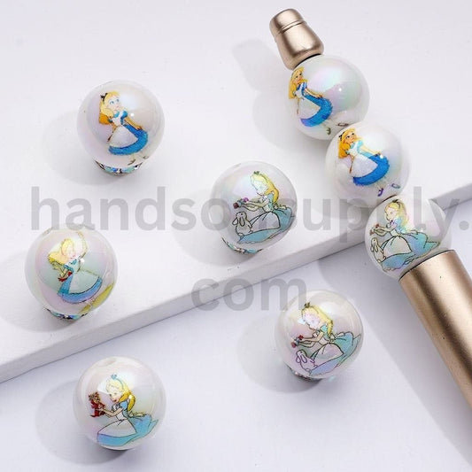Glossy Alice in Wonderland Round Design Acrylic Beads 16MM, Random Mix