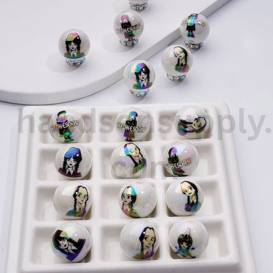 Wednesday Horror Comedy Series Round Design Glossy Acrylic Beads 16MM, Random Mix