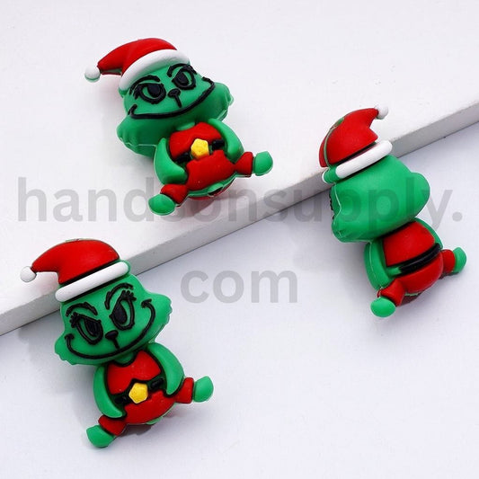 3D Green Grinch-Inspired Monster with Red Christmas Hat Silicone Focal Beads