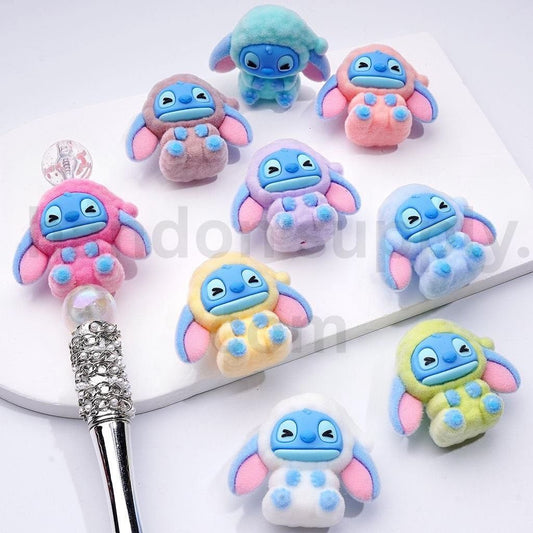 Fluffy Stitch-Inspired Character with Hat Flocked Acrylic Beads Around 35*40MM, Random Mix