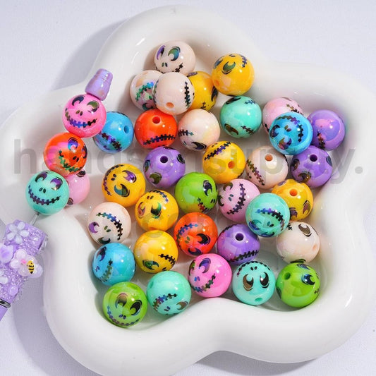UV Coated Skeleton Couple Smile Face Design Candy Colors Acrylic Beads 16MM, Random Mix