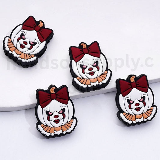 Spooky Halloween Silicone Focal Beads – White Pumpkin Featuring Pennywise Face and Red Bowknot