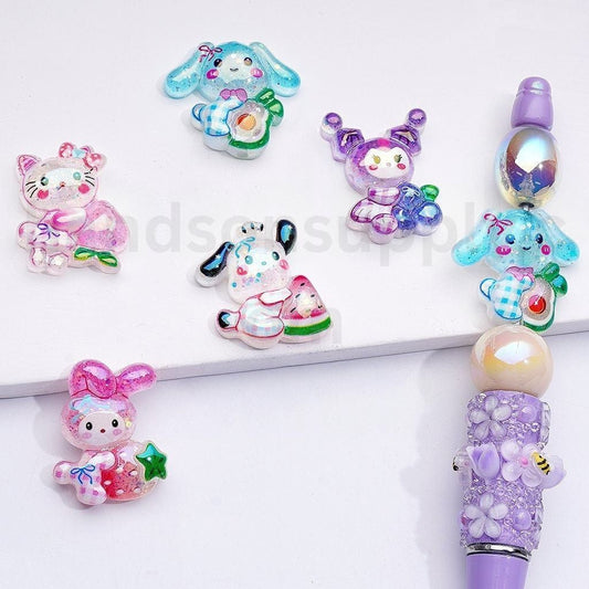 Cute Glitter Sanri & Fruits Family Cute Cat Character Peach My Melod Cinnamonrol Avocado Kurom Strawberry Watermelon Grape Pochacc UV Coating Acrylic Beads Mix