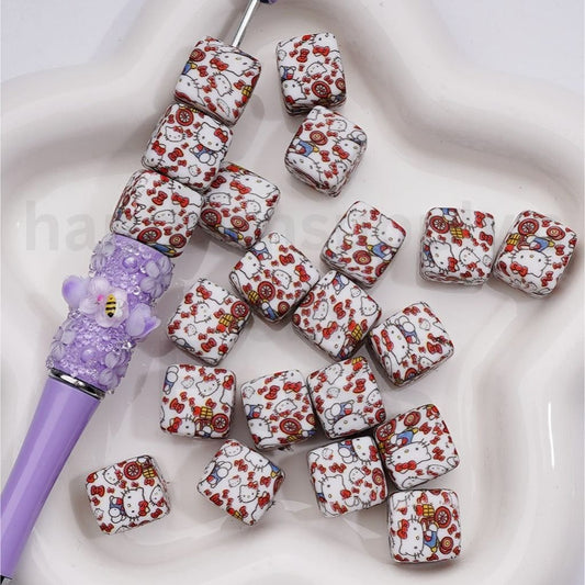 Printed Cube Square Silicone Beads Cute Hell Kitt Rides a Bike, 14MM